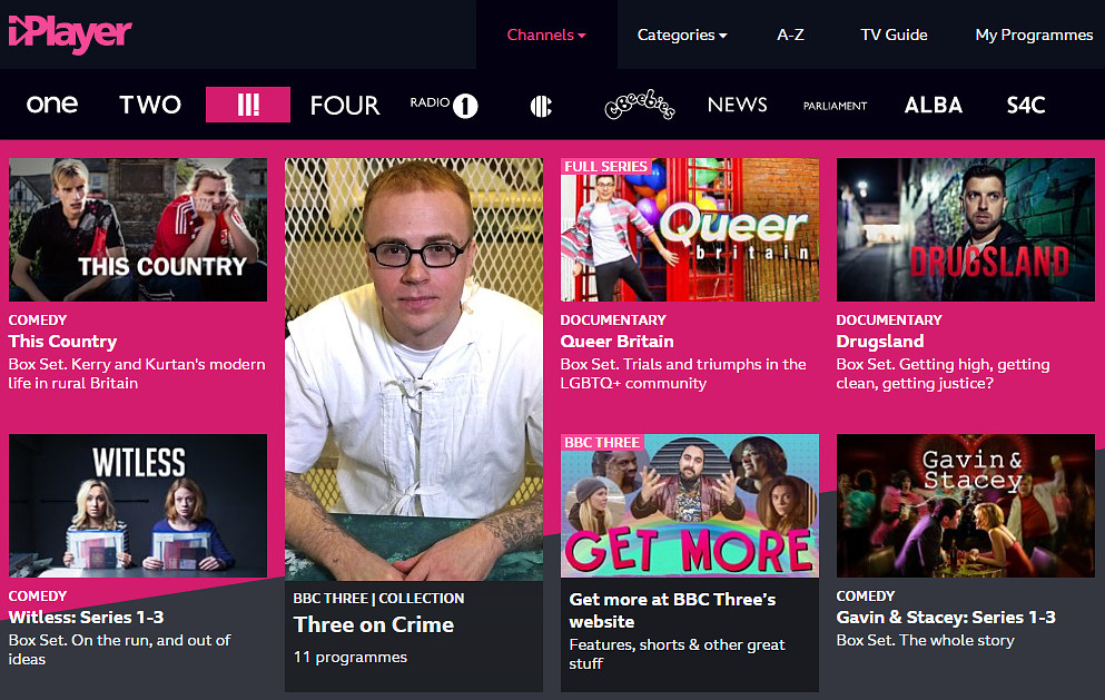 iPlayer에서 BBC3를 선택했을 때의 화면 