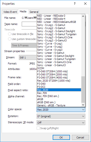 Media Properties의 Color space에는 Sony, RED, Canon, Panasonic 등의 카메라를 포함한 96가지의 Color 값이 있다