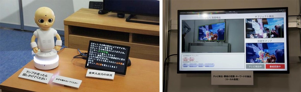 TV 로봇의 모습(좌)과 TV에서 프로그램 키워드를 추출하는 장면(우)