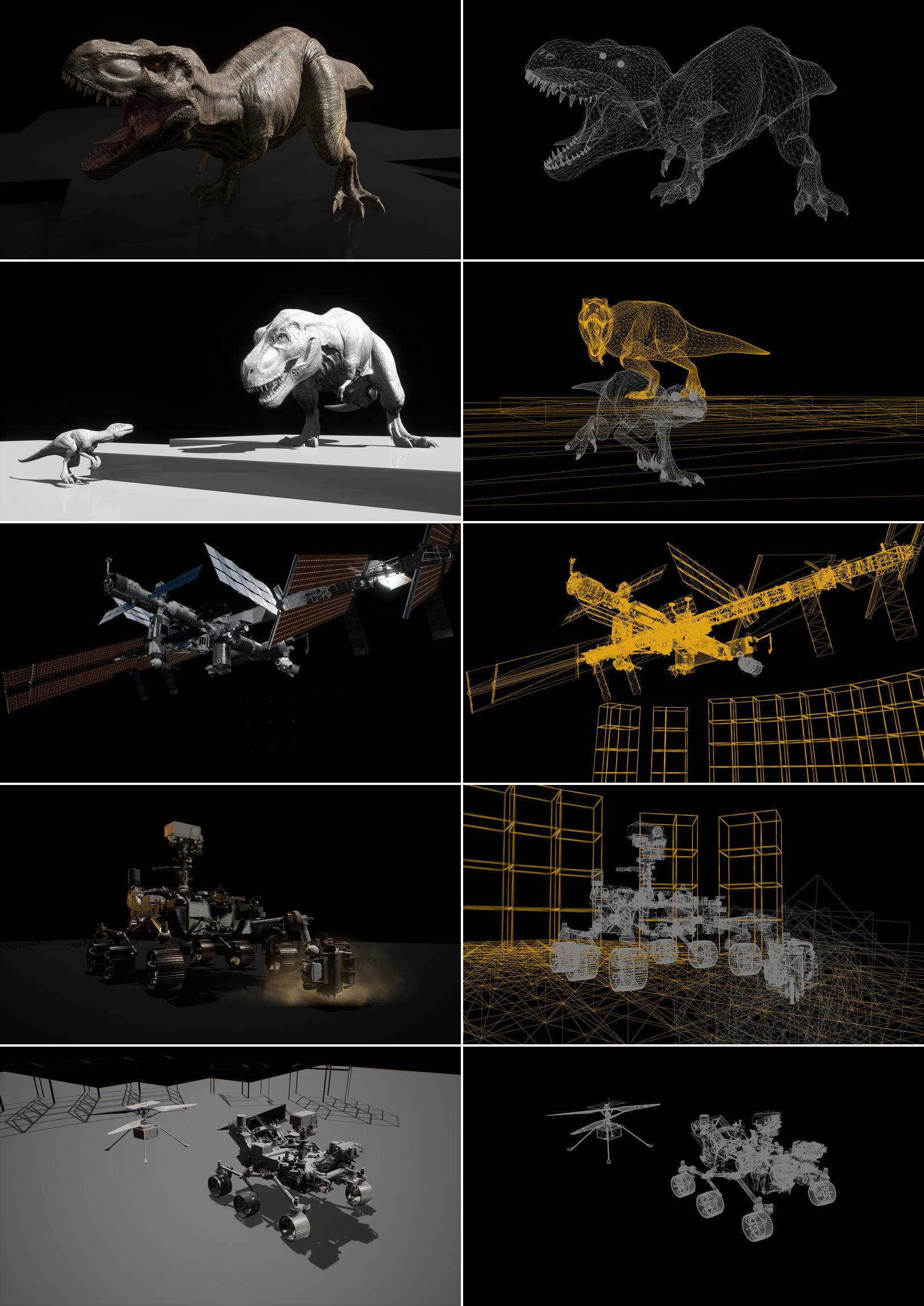 그림 6. DINO, ISS, Perseverance 주요 캐릭터 WireFrame 및 Gray / 제공 : 비브스튜디오스 