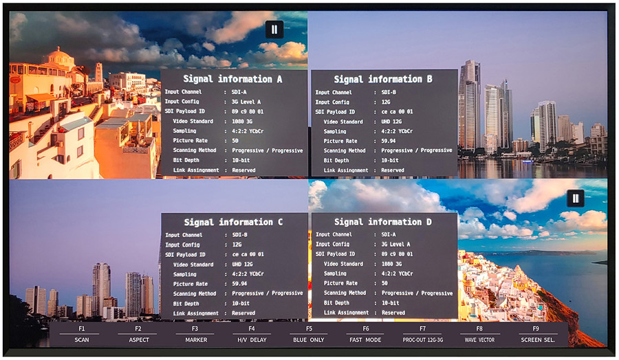 Quad View 상태에서 INFO Button을 누르면 사분할 화면의 영상 신호 정보가 나타나며, 동시에 Function Button에 현재 어떤 기능들이 지정되어 있는지도 확인이 가능하다