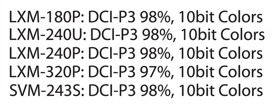 LXM Series의 DCI-P3 Coverage 수치. LXM-180U의 수치가 나타나 있지 않은 것으로 보아, 180U의 Coverage가 가장 낮은 것으로 추측된다
