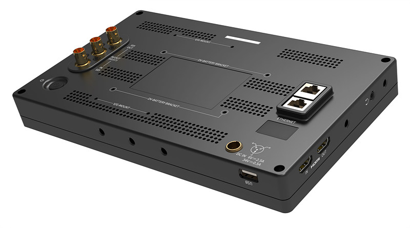 F-10H의 후면부. 3개의 SDI 입출력 단자와 Ethernet 단자, 전원 및 후면 Tally Lamp가 보인다