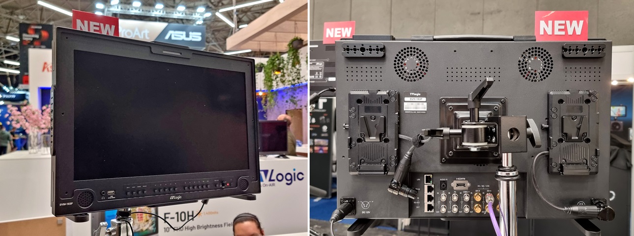 SVM-183P. 동그란 전면 Speaker Holes를 가지고 있으며, 본체에 C-stand Mount Adapter, 2개의 V-Mount Plate가 장착된 채로 전시되었다.