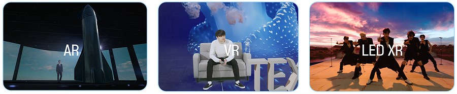 AR/LED/Chroma 합성 방식 비교(KBS / 뉴트 자체 이미지 / TXT MV)